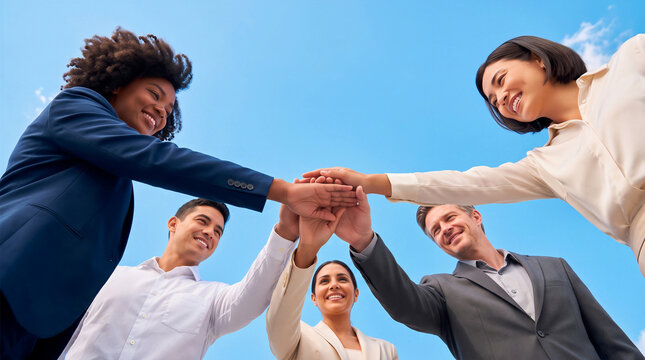 Diverse business team stacking hands together. Corporate unity, teamwork, and professional success