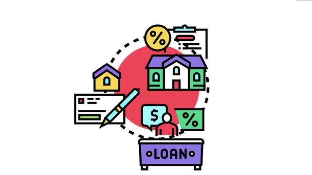 Certified mortgage eligibility application process displaying a large house, a smaller dwelling, paperwork, a pen, a percentage sign, and a loan officer advising a person