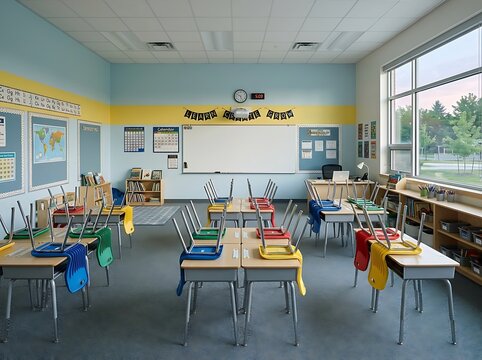 A vibrant and cheerfully decorated elementary school classroom is set up with student desks and various learning materials awaiting the start of the