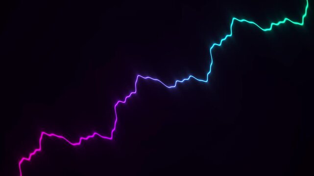 Abstract glowing neon light streak in a zigzag pattern with purple and blue gradients on a dark background, representing energy or data flow