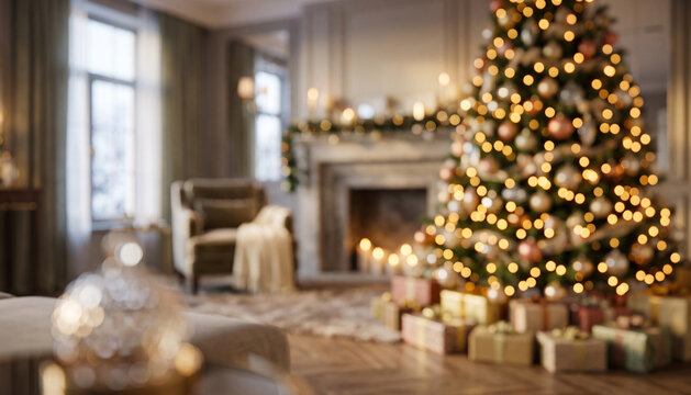 A beautifully decorated Christmas tree with lights and ornaments stands in a cozy living room, surrounded by wrapped gifts and a warm fireplace ambiance.
