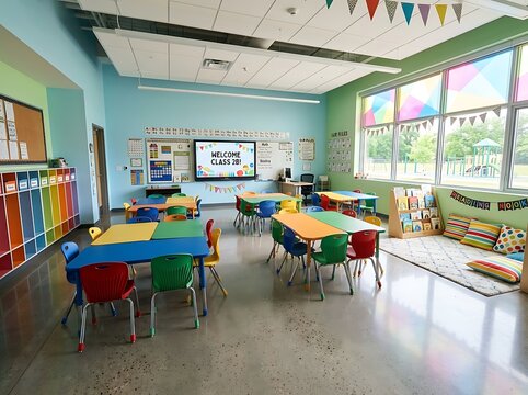 A cheerfully lit and vibrantly colored preschool classroom features small tables and chairs with a pleasant view overlooking a flourishing outdoor garden area