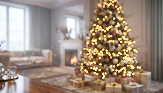 A beautifully decorated Christmas tree adorned with glowing lights and surrounded by wrapped presents in a cozy living room setting.