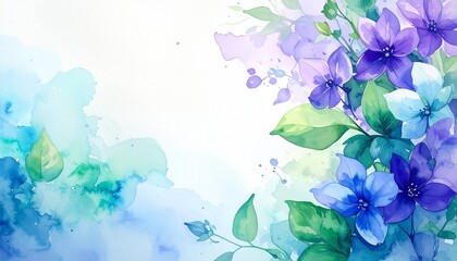 Fototapeta premium 青緑と紫の水彩にじみと余白のあるナチュラル背景