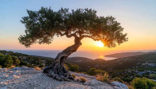 Twisted olive tree at sunset over coastal landscape