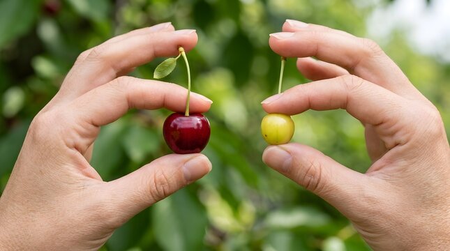 A close-up view of two cherries held in a hand.