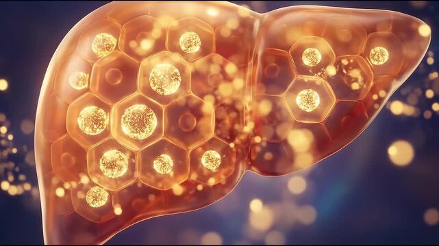 Fatty Liver Illustration of Human Organ Cells, Glowing Medical Anatomy, Metabolism and Health Awareness, Illuminated Tissue Texture, Diagnostic Research, Blue Orange Scientific Concept, Golden Light