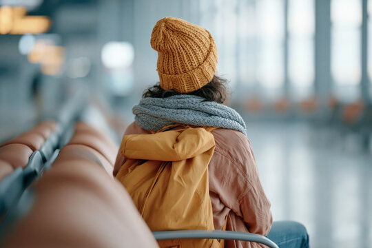 Warm-toned knitted hat and scarf frame a quiet traveler. Backlit, she sits still in a waiting hall, lost in thought. Gently folded coat and cool air suggest anticipation or pause