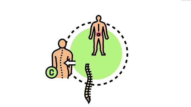 Human body outline identifying the cervical spinal midline point, back pain, spine health, posture, and neurological conditions with anatomical reference points and arrows
