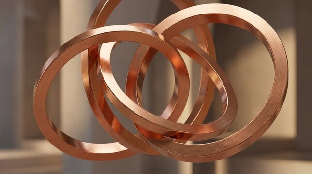 Interlocking copper rings geometric background in 3D digital space design
