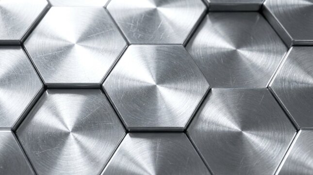 Abstract silver metallic hexagon pattern with glowing reflective geometric surfaces