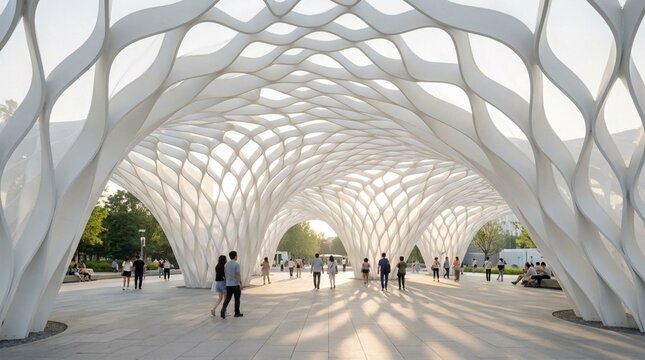 Minimalist white parametric pavilion featuring fluid organic forms and shadows