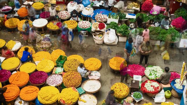 Time lapse of the vibrant KR Flower Market in Bangalore, India, showcasing colorful flower stalls, busy vendors, and the lively wholesale flower trade at one of Bengaluru's iconic markets.