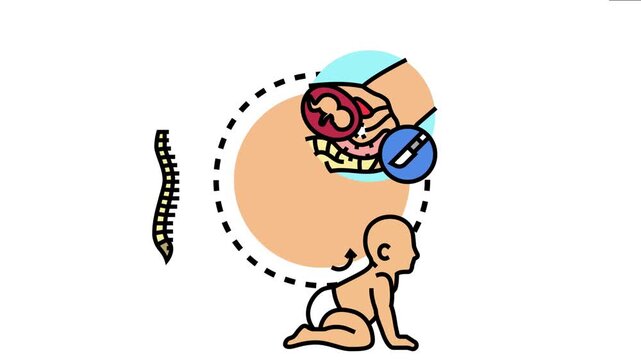 Cervical vertebrae centerline medical procedure and baby development, with icons of pregnancy, fetus, spinal column, and c section