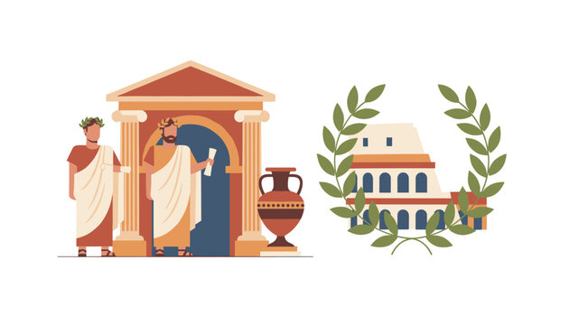Ancient Roman senators wearing traditional white togas stand before a classic temple next to the Colosseum inside a laurel wreath.