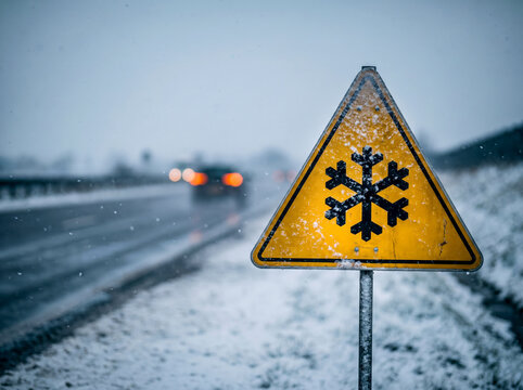 Yellow warning sign with a snowflake symbol on a snowy roadside with a blurred car in the background