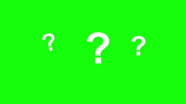 Question mark symbols appearing and disappearing across a vibrant green screen background in this dynamic digital motion video footage animation depicting uncertainty and confusion with a clean minima
