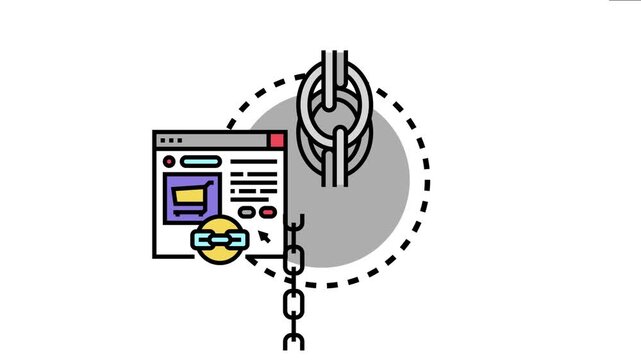 Digital chain of links icon connecting a web page with content and an e commerce cart, online connectivity, seo, and backlinking strategies for business