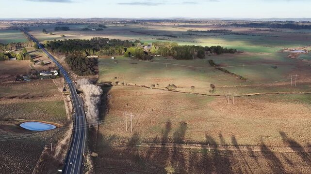 Aerial View of Rural Highway Through Farm Land in New South Wales
