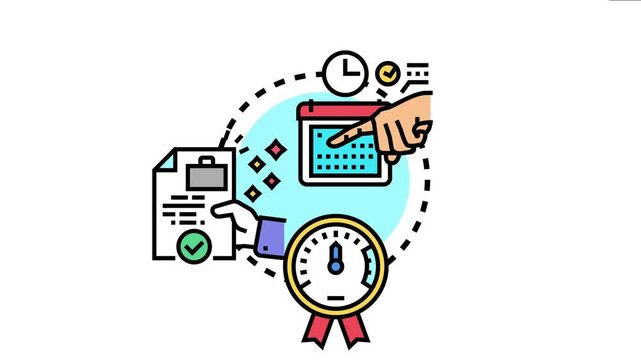 Concept showing hands managing a schedule, completing a document with a checkmark, and receiving a reward for finishing tasks on time, representing achievement and project completion