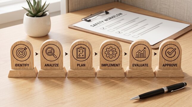 Safety Workflow and Project Management Lifecycle Blocks on Wooden Office Desk