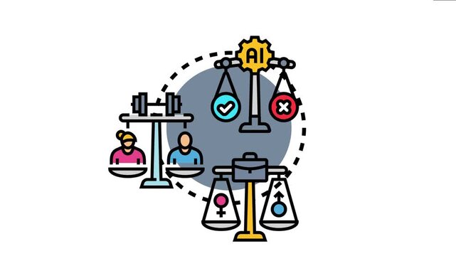 Artificial intelligence algorithms carefully balancing concepts of fairness, equality, and unbiased decision making, considering gender, opportunity, and work life balance for all individuals