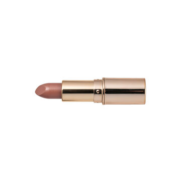 Open tube of brown lipstick with a shiny metallic gold case isolated on a transparent background makeup