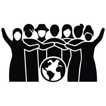 Black and white silhouette of diverse people with globe, symbolizing global unity and community.