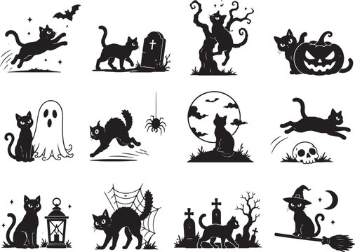 Halloween Black Cat Silhouette Collection with Ghost, Pumpkin, Bats, Graveyard, Spider Web, Witch Hat and Broomstick