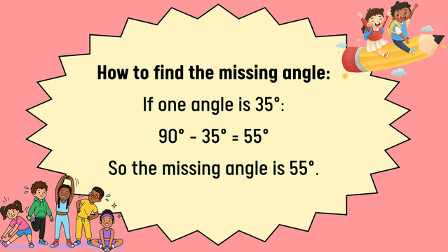 Educational math poster for children, geometry lesson on finding missing angles, colorful school classroom visual aid