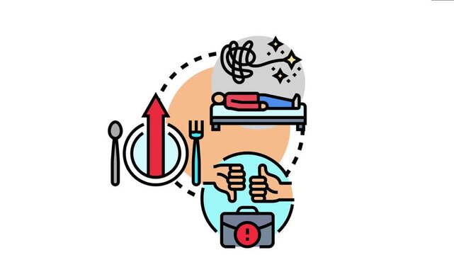 Person conceptualizing the process of human emotion change, moving from rest and confusion to evaluating work and daily activities like eating, showing a shift in feelings and well being