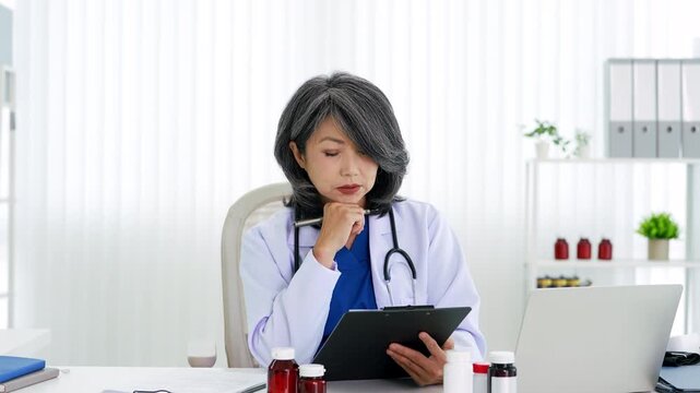 Stressed Female doctor nurse sit by laptop computer while reviewing patient medical charts at the clinic office.
