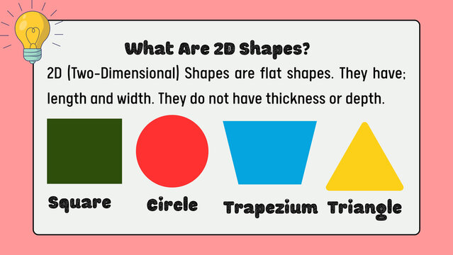 Educational 2D shapes infographic poster, basic geometry lesson for kids, colorful square circle trapezium and triangle diagram