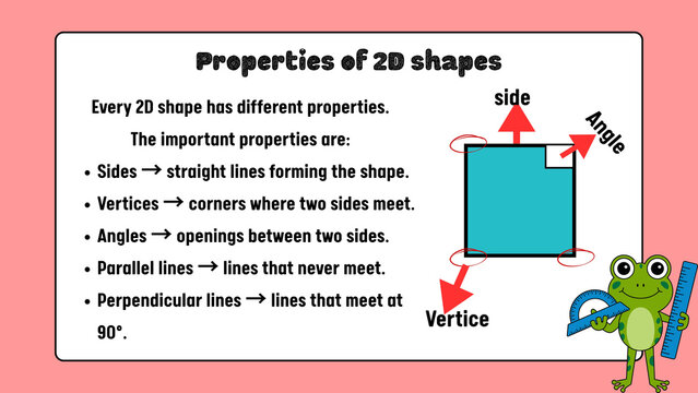 Educational properties of 2D shapes poster, geometry learning chart for kids, mathematics classroom infographic with square and frog character