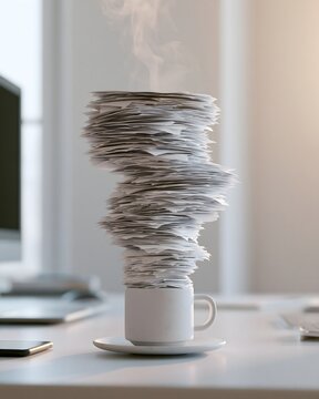 Kaffeetasse unter riesigem Papierstapel als Symbol f&uuml;r Arbeitsbelastung und B&uuml;rokratie
