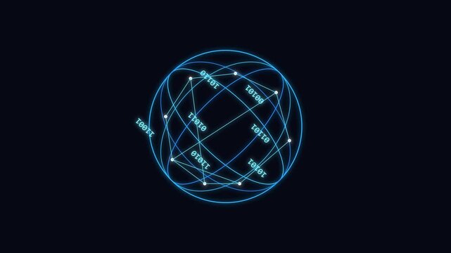 Digital globe animation showing rotating binary code patterns floating around a glowing circular network structure made of bright blue light lines and connected nodes in a deep black background settin