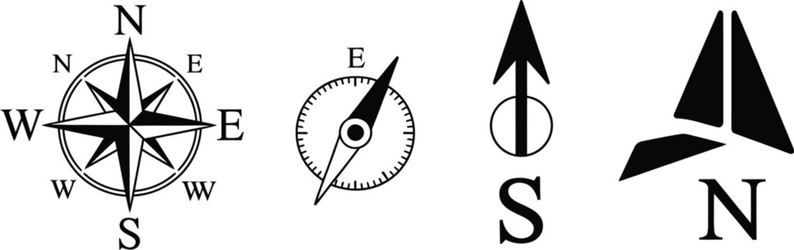 Compass rose and north arrow icon set for navigation, map direction, location, orientation, cartography, travel, and vector design.