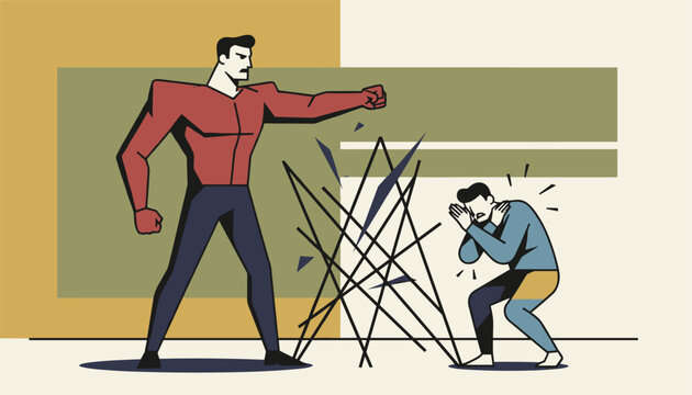 Giant aggressive man trying to punch a smaller cowering person who is shielded behind a barrier of sharp lines.