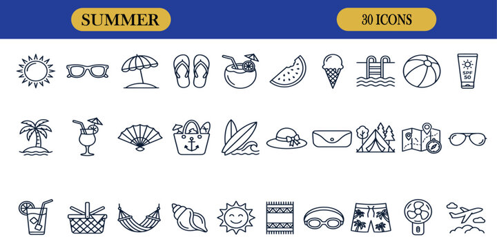 A comprehensive collection of black and white summer vacation vector icons and illustration designs for professional graphic design projects