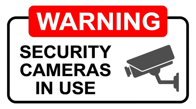 Warning sign featuring bold red text and a black surveillance camera illustration for security monitoring systems in a vector graphic