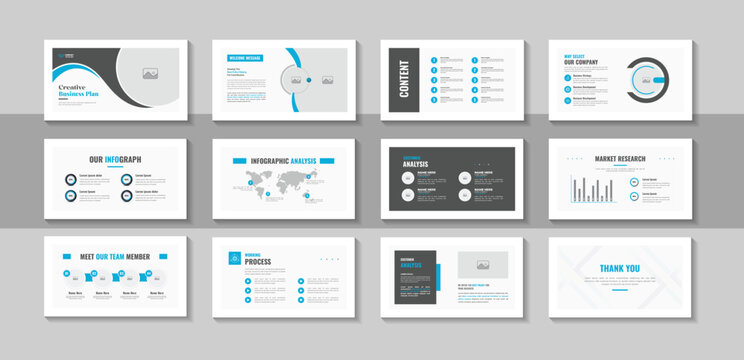 Business plan presentation design layout and clean pitch deck template for digital brand guidelines, company portfolio, corporate report, contemporary horizontal promotion banner template