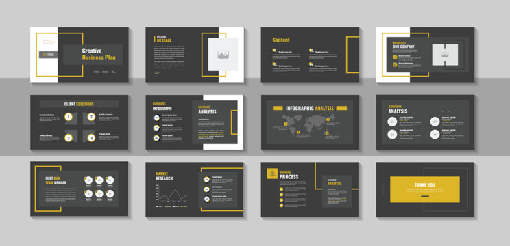 Business plan presentation design layout and contemporary pitch deck template for digital brand guidelines, corporate report, company portfolio and modern promotional marketing banner set
