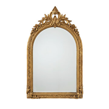 Ornate arched wall mirror with detailed gold carved frame and decorative floral accents isolated on a transparent background