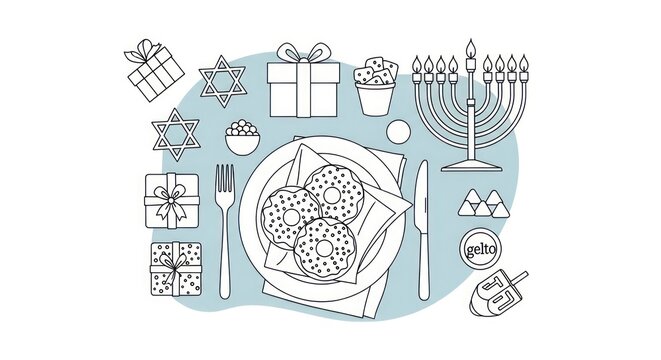 Hanukkah Celebration Flat Lay: Dreidel, Menorah, Sufganiyot, Gifts, Star of David, Festive Food and Symbols