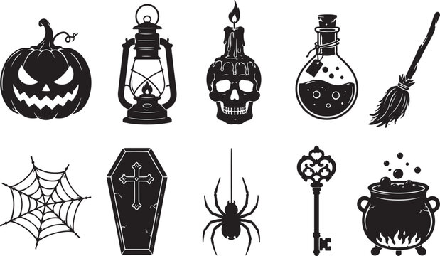 Halloween Gothic Silhouette Collection with Jack O Lantern, Lantern, Skull Candle, Potion Bottle, Broomstick, Spider Web, Coffin, Spider, Key and Cauldron