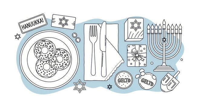 Hanukkah Celebration Icons: Menorah, Dreidel, Sufganiyot, Gifts, and Star of David - Festive Holiday Line Art