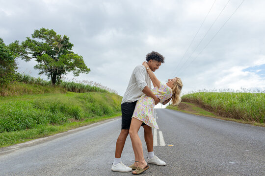 Young couple hugging and in love in rural Queensland