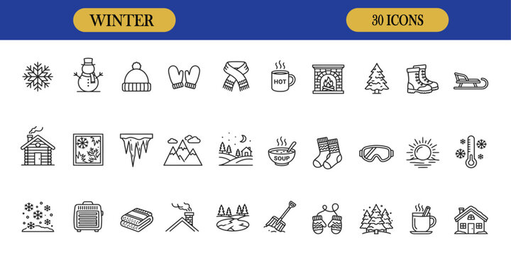 A comprehensive collection of winter themed vector icons and illustration designs for seasonal holiday projects and graphic design