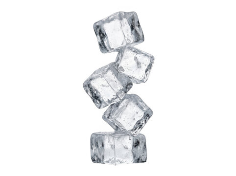 Stack of five clear ice cubes balanced vertically on of each other, isolated on a black background, cold refreshing drink concept isolated on a transparent background
