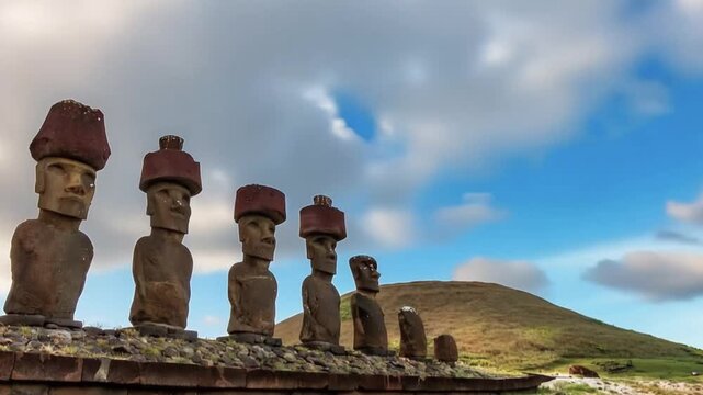 Moai Statues at Ahu Nau Nau on Sandy Anakena Beach with Grassy Hill on Easter Island, Valparaiso, Chile. Time Lapse Video